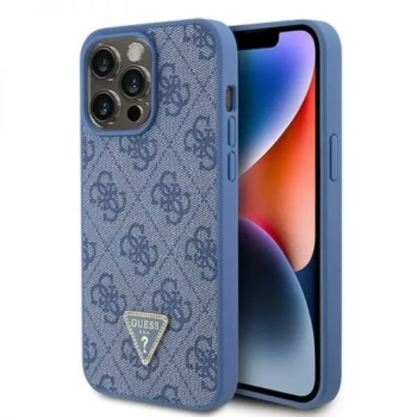 APPLE iPhone 15 Pro Max ORIGINELE CASE GUESS – HARDCASE LEDER 4G DIAMANT DRIEHOEK BLAUW HOESJE